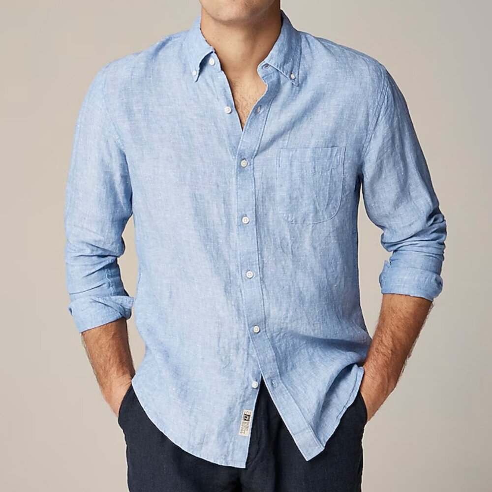 J Crew Blue Linen Long Sleeve Button Down Shirt- size M slim